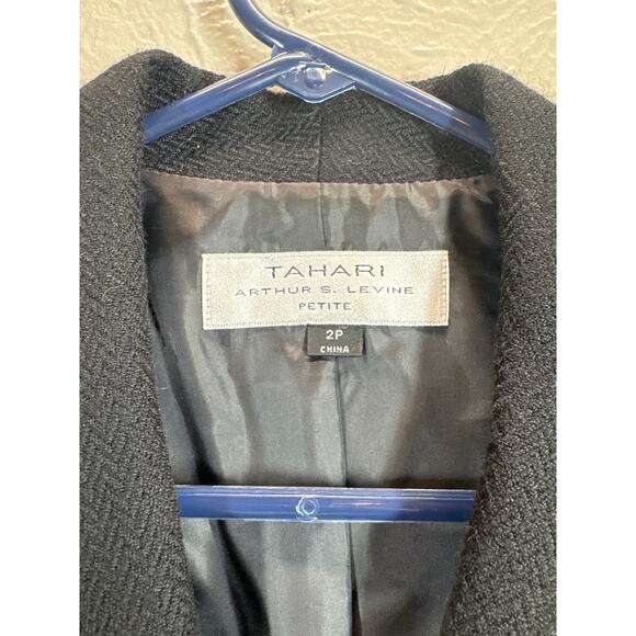 Tahari Tweed Satin Belt Stone Snap Belt Fitted Blazer Jacket‎ Petite 2 Black - Picture 3 of 6